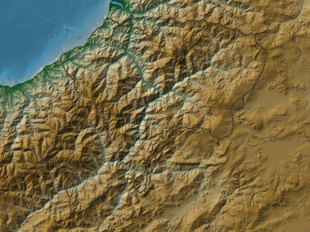 Artvin, province of Turkiye. Colored elevation map with lakes and riversの写真素材