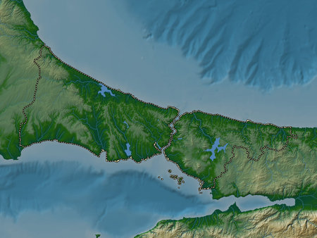 Istanbul, province of Turkiye. Colored elevation map with lakes and rivers