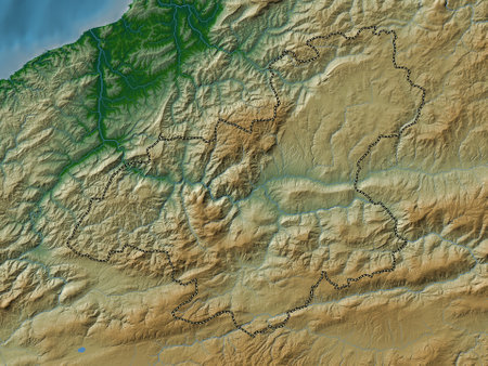 Karabuk, province of Turkiye. Colored elevation map with lakes and riversの写真素材