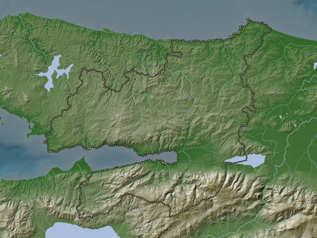 Kocaeli, province of Turkiye. Elevation map colored in wiki style with lakes and riversの写真素材