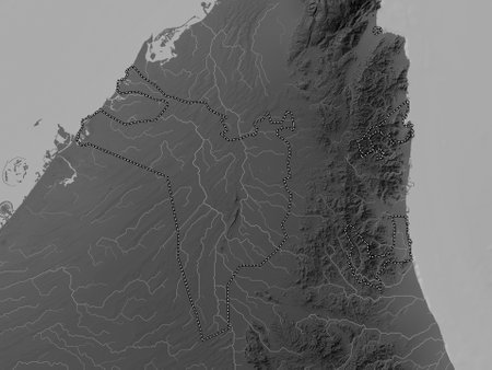 Sharjah, emirate of United Arab Emirates. Grayscale elevation map with lakes and riversの写真素材