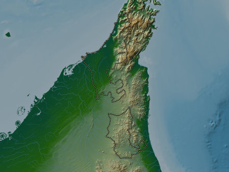 Ras Al Khaymah, emirate of United Arab Emirates. Colored elevation map with lakes and riversの写真素材