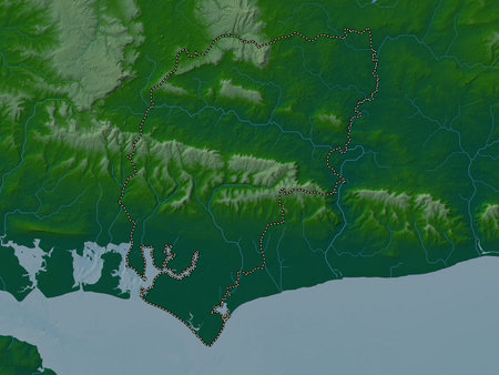Chichester, non metropolitan district of England - Great Britain. Colored elevation map with lakes and riversの写真素材