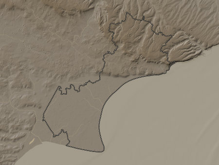 Folkestone and Hythe, non metropolitan district of England - Great Britain. Elevation map colored in sepia tones with lakes and riversの写真素材