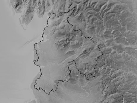 Lancashire, administrative county of England - Great Britain. Grayscale elevation map with lakes and riversの写真素材