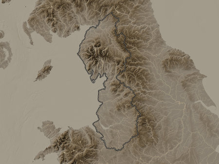 North West, region of United Kingdom. Elevation map colored in sepia tones with lakes and riversの写真素材