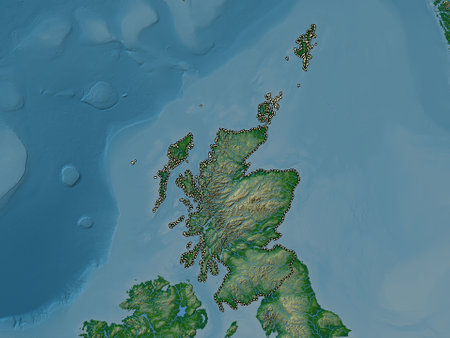 Scotland, region of United Kingdom. Colored elevation map with lakes and riversの写真素材