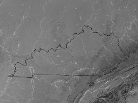 Kentucky, state of United States of America. Grayscale elevation map with lakes and riversの写真素材