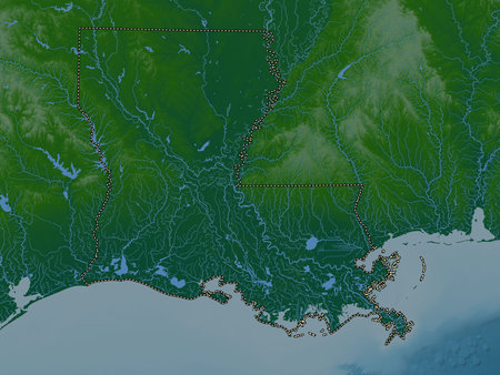 Louisiana, state of United States of America. Colored elevation map with lakes and rivers
