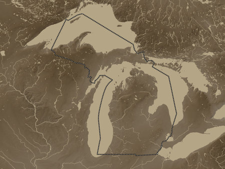 Michigan, state of United States of America. Elevation map colored in sepia tones with lakes and...