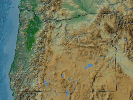Oregon, state of United States of America. Colored elevation map with lakes and riversの写真素材