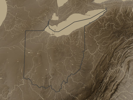 Ohio, state of United States of America. Elevation map colored in sepia tones with lakes and riversの写真素材