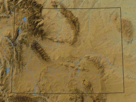 Wyoming, state of United States of America. Colored elevation map with lakes and riversの写真素材