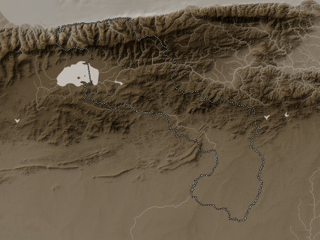 Aragua, state of Venezuela. Elevation map colored in sepia tones with lakes and riversの写真素材