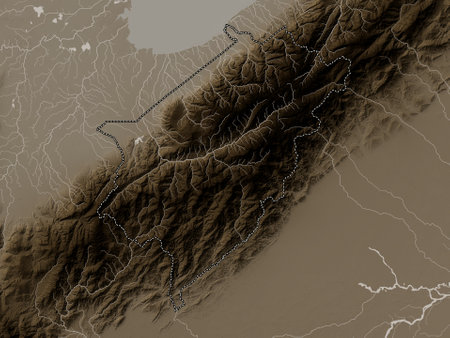 Merida, state of Venezuela. Elevation map colored in sepia tones with lakes and riversの写真素材