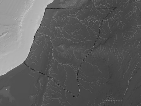Laayoune-Sakia El Hamra, province of Western Sahara. Grayscale elevation map with lakes and riversの写真素材