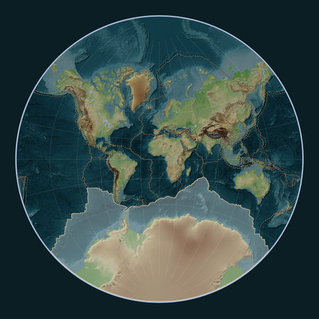 Antarctica tectonic plate on the Wiki style elevation map in the Lagrange projection centered...