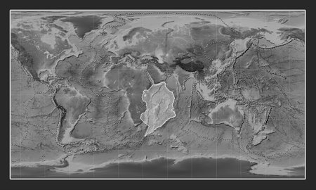 Somalian tectonic plate on the grayscale elevation map in the Patterson Cylindrical projection centered meridionally. Boundaries of other platesの写真素材