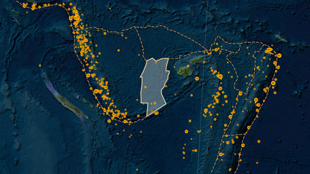 Locations of earthquakes in the vicinity of the Conway Reef tectonic plate greater than magnitude...