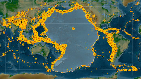 Tectonic plate boundaries adjacent to the Pacific tectonic plate on the physical elevation map in...