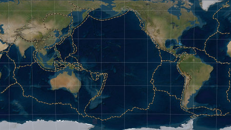 Pacific tectonic plate and the boundaries of adjacent plates on the Blue Marble satellite map in the...