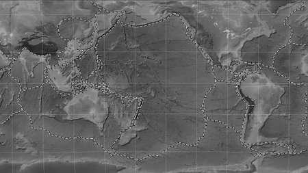 Pacific tectonic plate and the boundaries of adjacent plates on the grayscale elevation map in the...