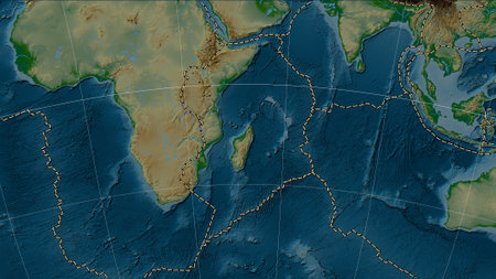Somalian tectonic plate and the boundaries of adjacent plates on the physical elevation map in the...
