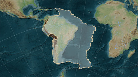 Shape of the South American tectonic plate on the Wiki style elevation map in the Patterson Cylindrical (oblique) projectionの写真素材