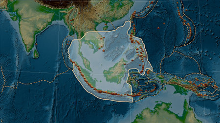 Distribution of known volcanoes around the Sunda tectonic plate on the physical elevation map in the Patterson Cylindrical (oblique) projectionの写真素材