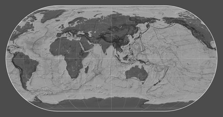 Bilevel map of the world in the Eckert III projection centered on the meridian 90 east longitudeの写真素材