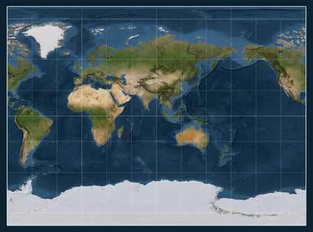 Satellite map of the world in the Miller Cylindrical projection centered on the meridian 90 east...