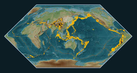 Amur tectonic plate on the colored elevation map in the Eckert I projection centered meridionally. Locations of earthquakes above 6.5 magnitude recorded since the early 17th centuryの写真素材