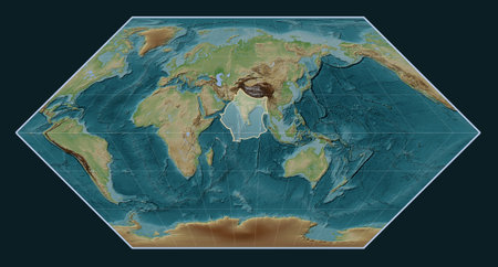 Indian tectonic plate on the colored elevation map in the Eckert I projection centered meridionally.の写真素材