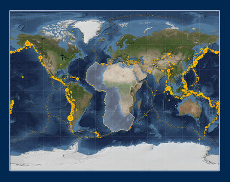 African tectonic plate on the Blue Marble satellite map in the Gall Stereographic projection centered meridionally. Locations of earthquakes above 6.5 magnitude recorded since the early 17th centuryの写真素材