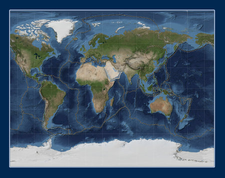 Arabian tectonic plate on the Blue Marble satellite map in the Gall Stereographic projection centered meridionally. Boundaries of other platesの写真素材