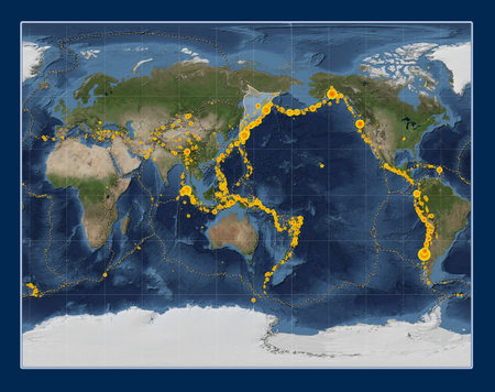 Okhotsk tectonic plate on the Blue Marble satellite map in the Gall Stereographic projection centered meridionally. Locations of earthquakes above 6.5 magnitude recorded since the early 17th centuryの写真素材