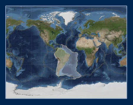 South American tectonic plate on the Blue Marble satellite map in the Gall Stereographic projection centered meridionally. Boundaries of other platesの写真素材