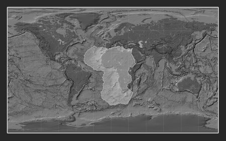 African tectonic plate on the bilevel elevation map in the Compact Miller projection centered meridionally. Boundaries of other platesの写真素材