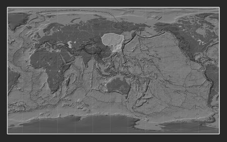 Amur tectonic plate on the bilevel elevation map in the Compact Miller projection centered meridionally. Boundaries of other platesの写真素材