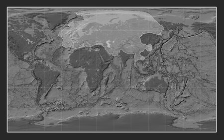 Eurasian tectonic plate on the bilevel elevation map in the Compact Miller projection centered meridionally. Boundaries of other platesの写真素材