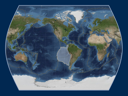 Nazca tectonic plate on the Blue Marble satellite map in the Times projection centered meridionally. Boundaries of other platesの写真素材