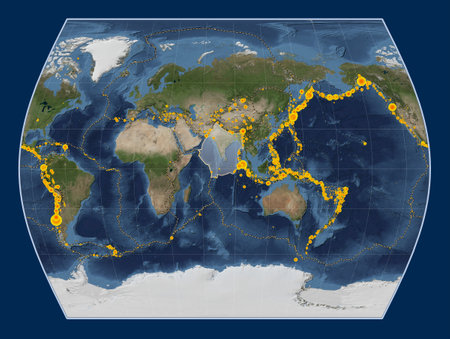 Indian tectonic plate on the Blue Marble satellite map in the Times projection centered meridionally. Locations of earthquakes above 6.5 magnitude recorded since the early 17th centuryの写真素材