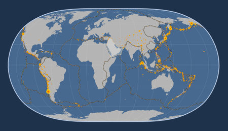 Arabian tectonic plate on the solid contour map in the Natural Earth II projection centered meridionally. Locations of earthquakes above 6.5 magnitude recorded since the early 17th centuryの写真素材