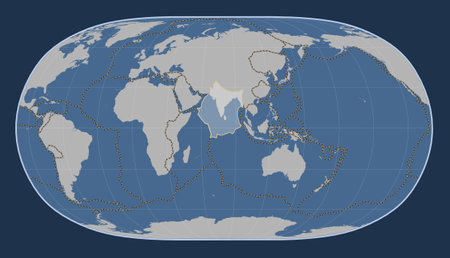 Indian tectonic plate on the solid contour map in the Natural Earth II projection centered meridionally. Boundaries of other platesの写真素材