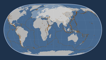 Eurasian tectonic plate on the solid contour map in the Natural Earth II projection centered meridionally. Distribution of known volcanoesの写真素材
