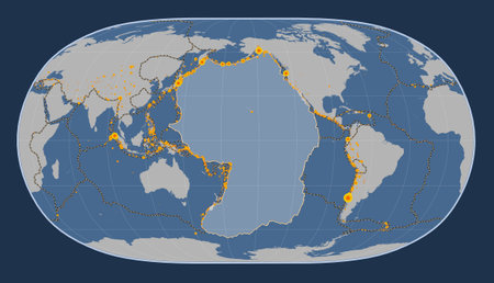 Pacific tectonic plate on the solid contour map in the Natural Earth II projection centered meridionally. Locations of earthquakes above 6.5 magnitude recorded since the early 17th centuryの写真素材