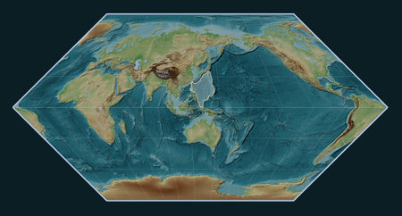Philippine Sea tectonic plate on the colored elevation map in the Eckert I projection centered meridionally.の写真素材