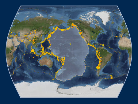 Pacific tectonic plate on the Blue Marble satellite map in the Times projection centered meridionally. Locations of earthquakes above 6.5 magnitude recorded since the early 17th centuryの写真素材