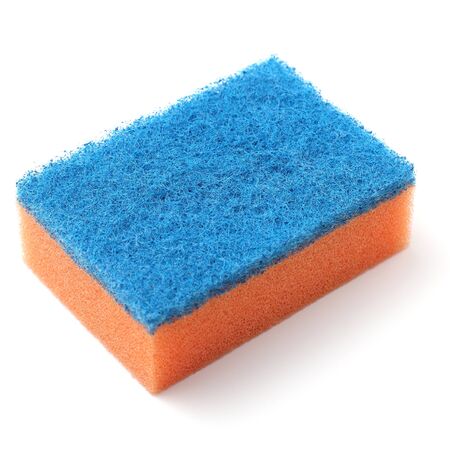 Bright kitchen sponge, close-up, white background, copy space.の写真素材