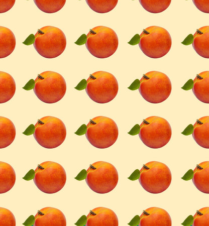 Seamless pattern, peach with leaf on a beige background.